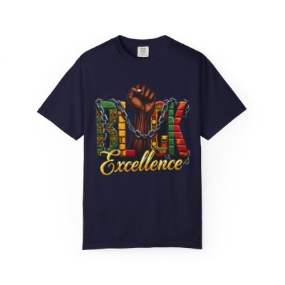 T-Shirt — Black Excellence Graphic Tee with Raised Fist and Kente Pattern